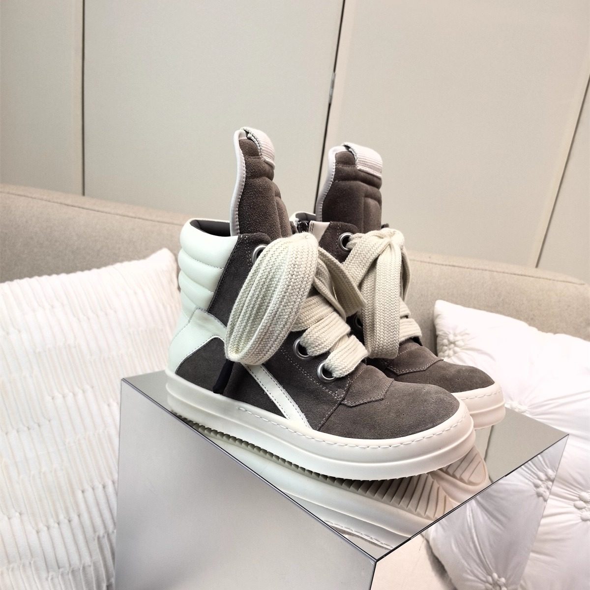 欧美暗黑风RO真牛皮倒三角厚底3cm高跟运动男鞋高帮靴子女情侣鞋