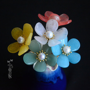 【长春】长春花发簪五瓣梅玉石粉晶发钗发夹复古风汉服发饰