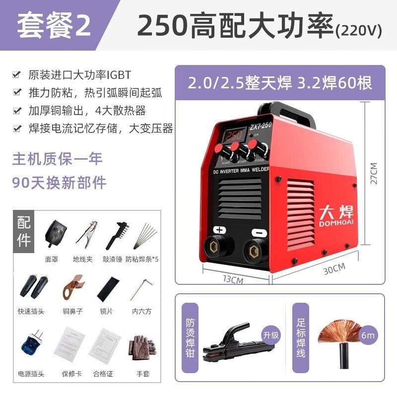 大焊电焊机220v家用250电焊便携式小型全铜焊机全套6米焊线【250