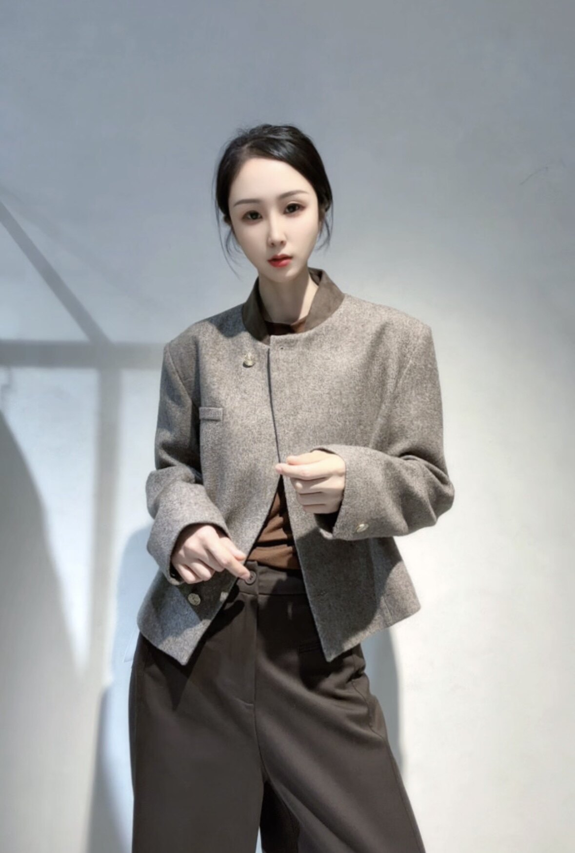 南油高货100%绵羊毛呢外套2026秋冬女装新 立领英伦风西装外套