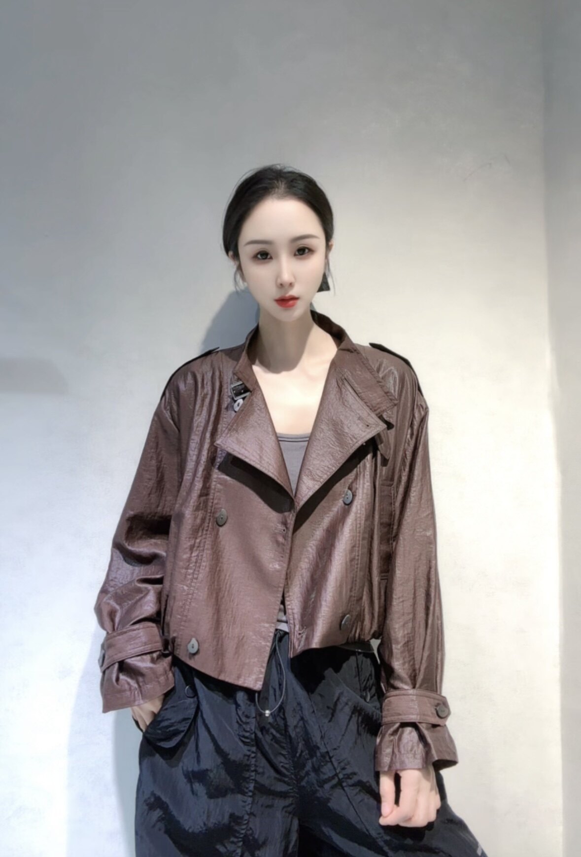 南油高货港风夹克外套 帅气女装2026春秋新款高端立领肌理感外套