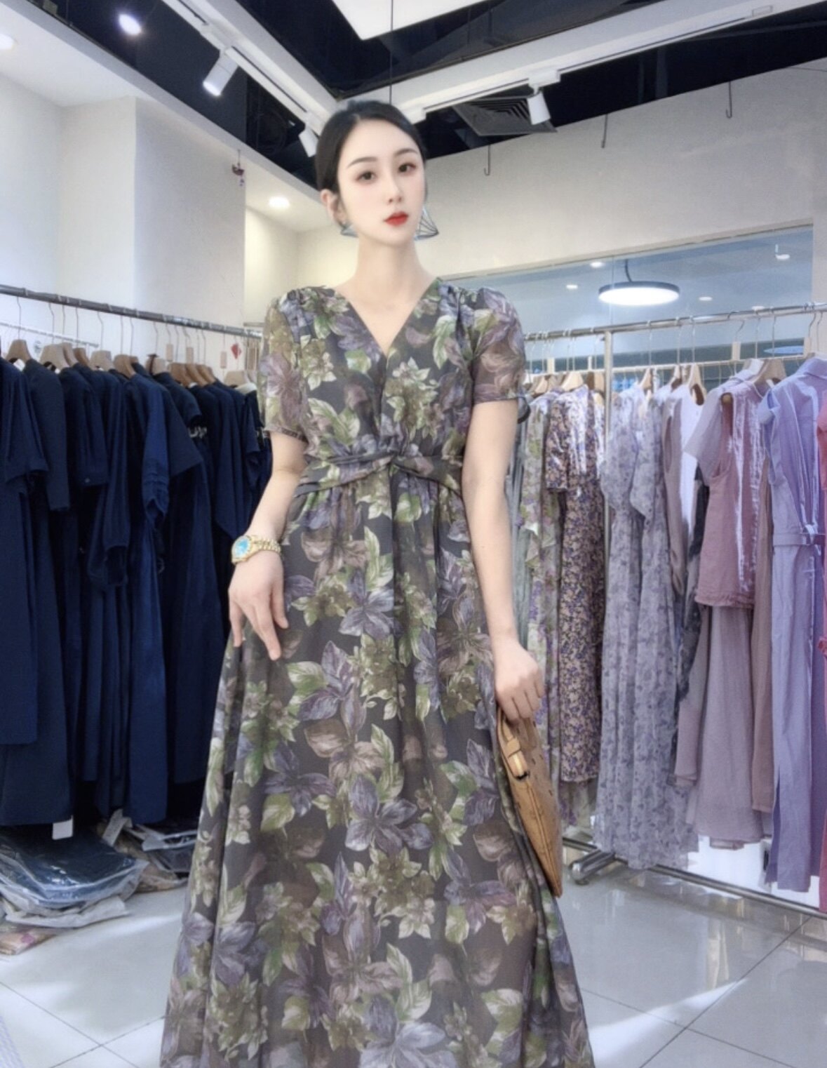 高定韩系连衣裙女2026夏季新款法式复古印花收腰显瘦连衣长裙子