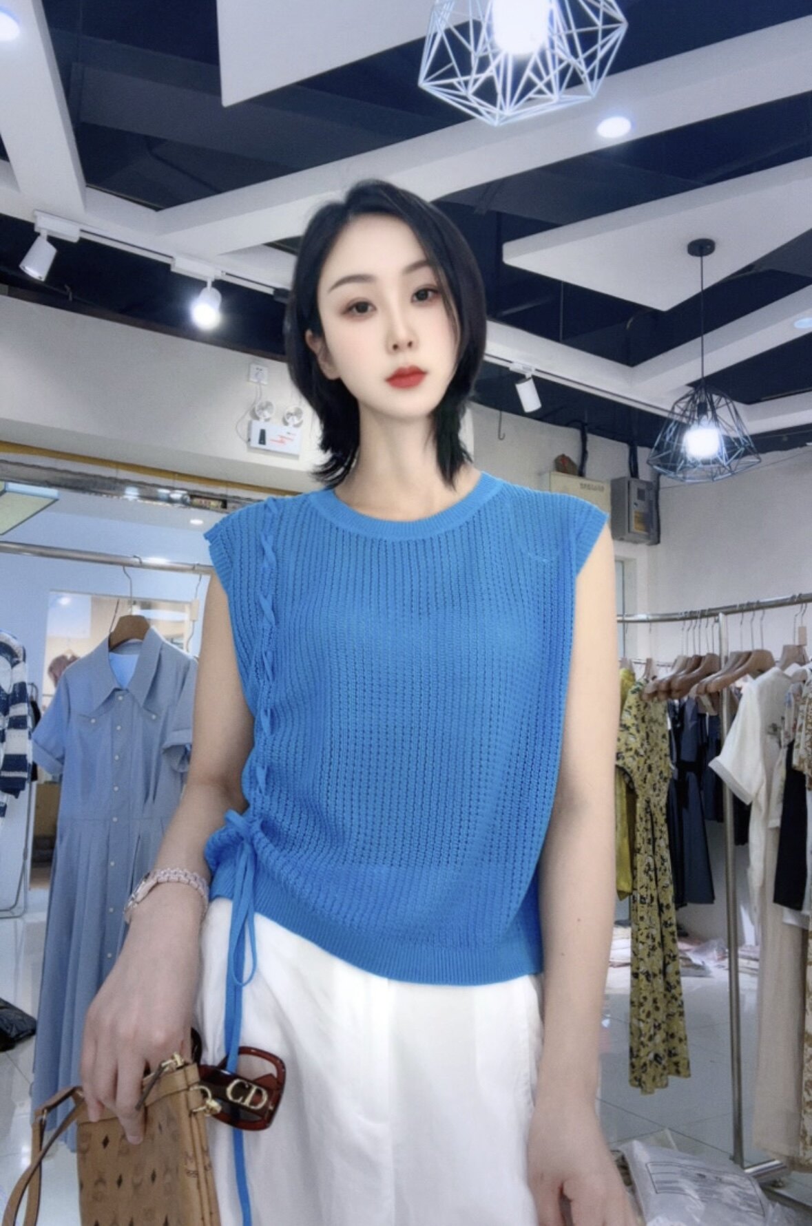 专柜2026夏装新款显瘦百搭短袖针织衫女抽绳收腰修身上衣女湖蓝色