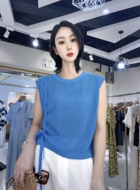专柜2026夏装新款显瘦百搭短袖针织衫女抽绳收腰修身上衣女湖蓝色
