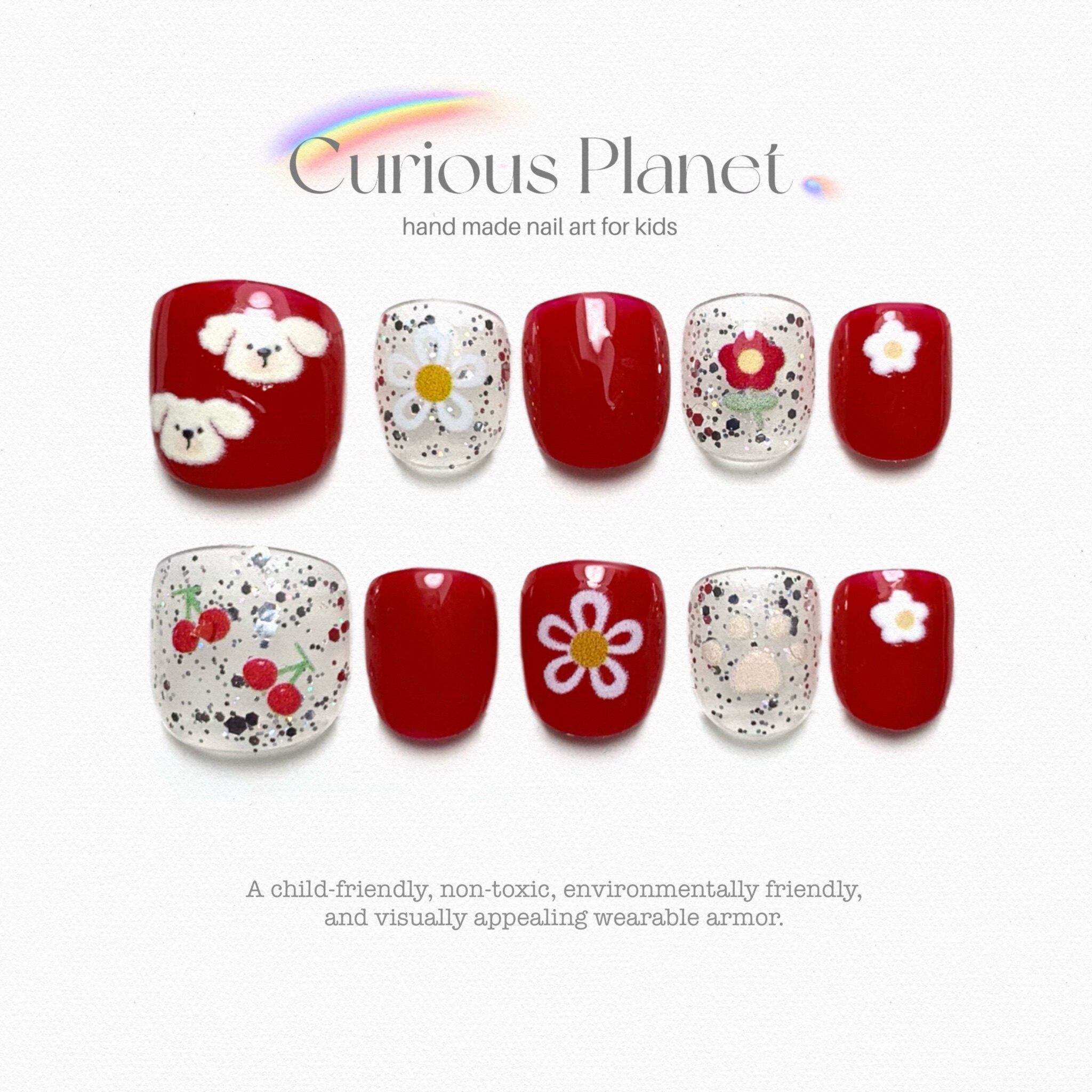 美甲穿戴式儿童手工甲红色可爱小狗花朵亮片可拆卸安全环保防啃咬