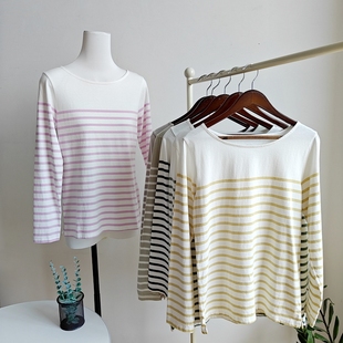 纯棉长袖t恤女士打底衫T恤条纹圆领拼接春秋外穿全棉休闲上衣船领