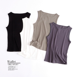 优可丝女士一字领背心无袖内搭T恤弹力修身显瘦薄款螺纹T恤夏半袖