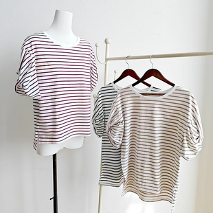全棉条纹宽松短袖 春夏 t恤女落肩拧结纯棉圆领休闲开叉百搭灯笼袖