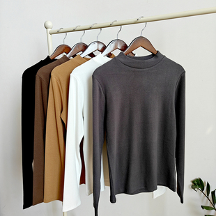 300克优可丝木纤维半高领磨毛打底衫女螺纹长袖t恤纯色