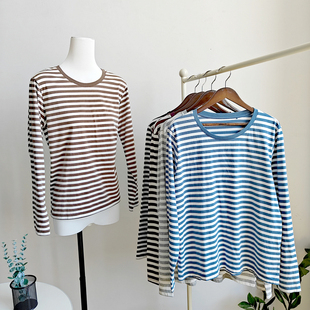 纯棉条纹长袖t恤女士圆领打底衫春秋经典基础宽松休闲上衣T恤全棉
