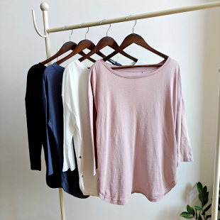 100棉纯棉竹节棉一字领七分袖 t恤女T恤全棉宽松休闲 弧形下摆长袖