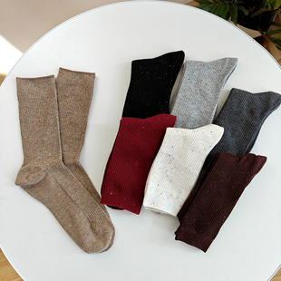 点子纱双针纯棉袜子女中筒袜ins棉袜堆堆袜无骨缝头纯色秋冬竖条