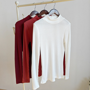 高弹力半高领打底衫纯色女士螺纹针织垂感修身内搭长袖上衣春秋冬