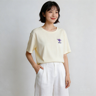 薄款莫代尔棉女士短袖t恤弹力宽松透气刺绣夏季棉半袖休闲T恤上衣