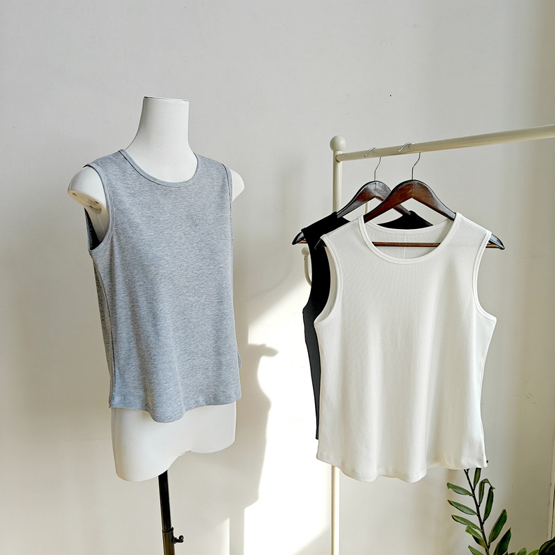 春夏新款优可丝背心女宽肩内搭纯色弧形下摆宽松外穿无袖高弹力薄