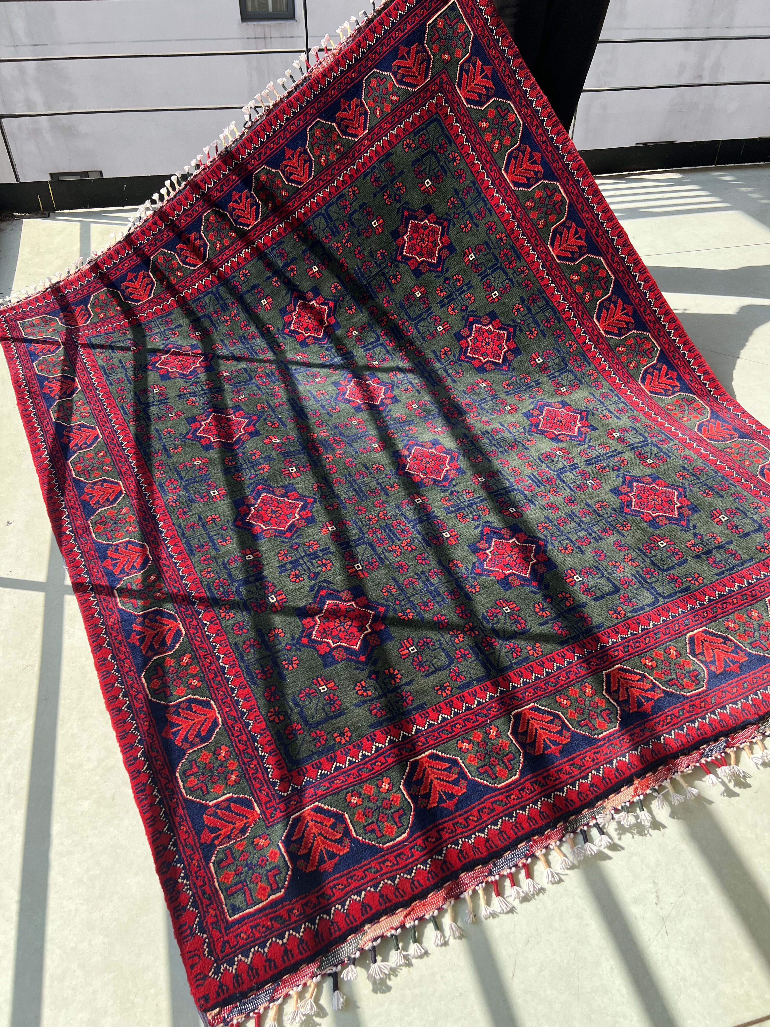 梭罗双树｜151*190cm复古绿阿富汗手工打结地毯客厅卧室床尾毯