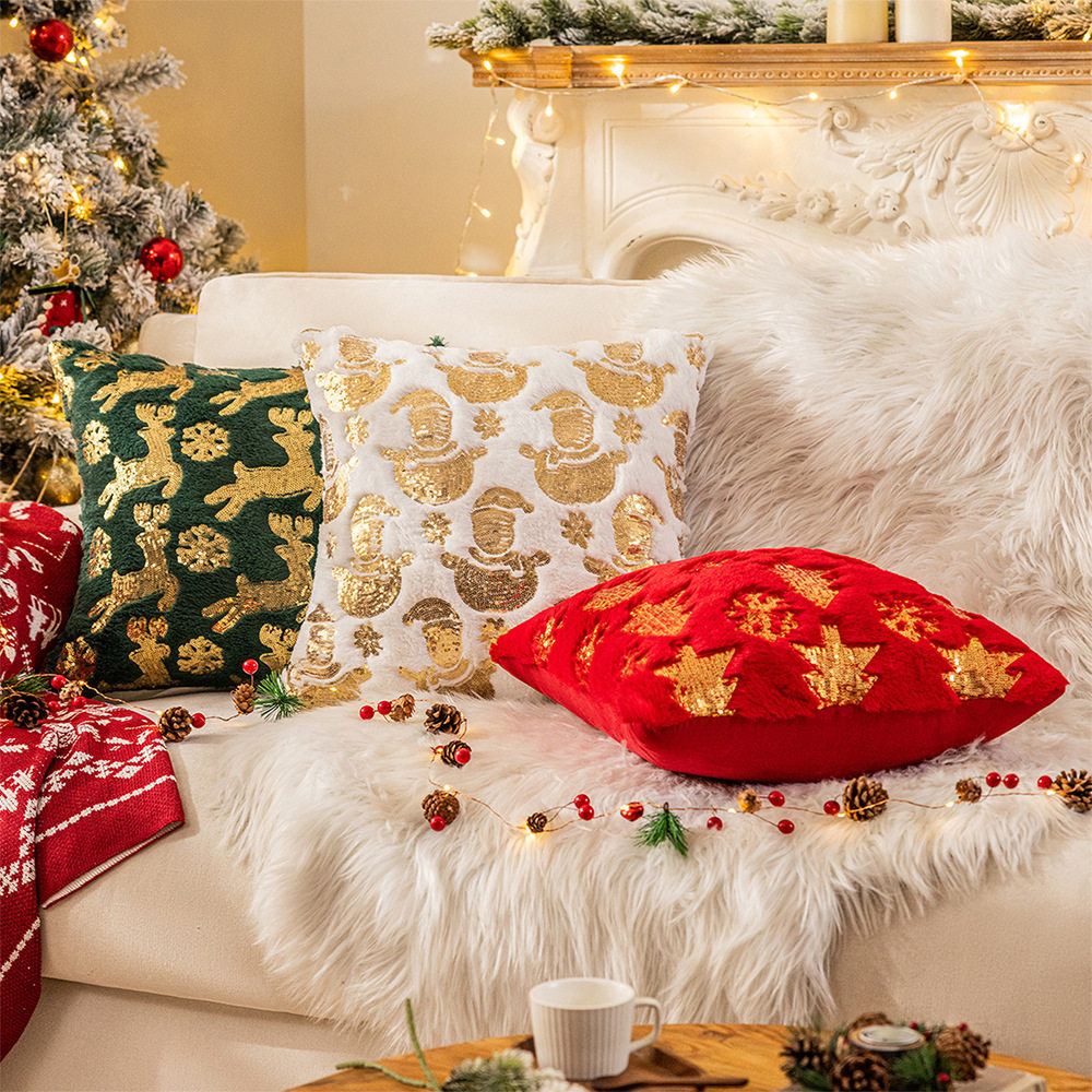新款亮片圣诞节抱枕 美式节日毛绒沙发靠枕靠垫套 亮片刺绣抱枕套