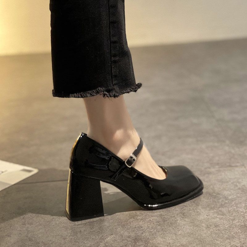 单鞋女百搭高跟鞋2023春季新款网红粗跟小香风方头时尚软底晚晚鞋