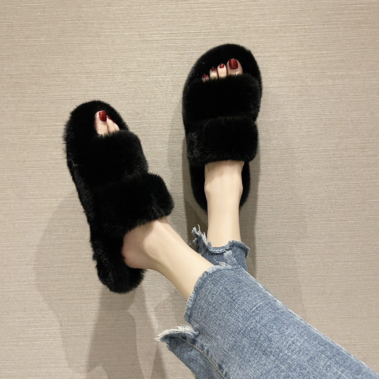 2025春秋新款小个子松糕厚底增高毛绒茸茸棉拖鞋女外穿居家毛毛鞋