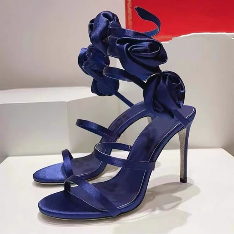 圆头露趾蛇形绑带花朵细跟性感凉鞋拼色沙丁布超高跟宴会时装凉鞋