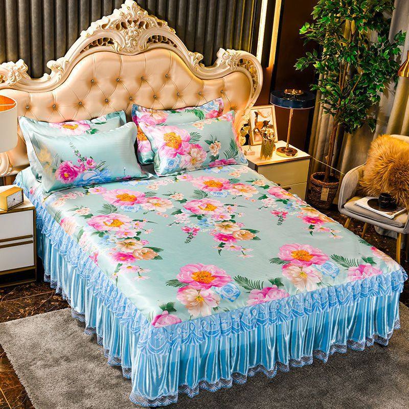 冰丝席凉席单件1.8m蕾丝床裙款可折叠单双人宿舍夏季空调枕套软席