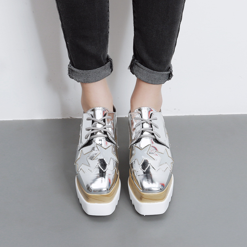 星星松糕鞋女春季2018厚底鞋女坡跟方头单鞋英伦风休闲增高2168-5