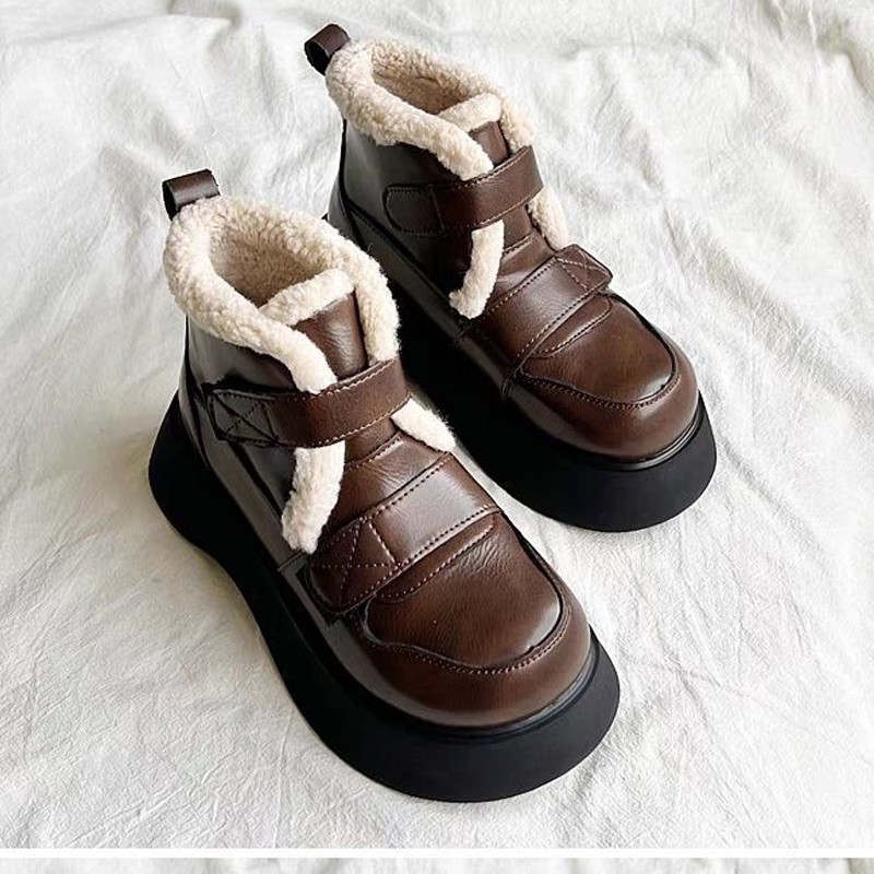 爆款网红厚底加绒皮靴女魔术贴雪地靴2024新款韩版高帮舒适马丁靴