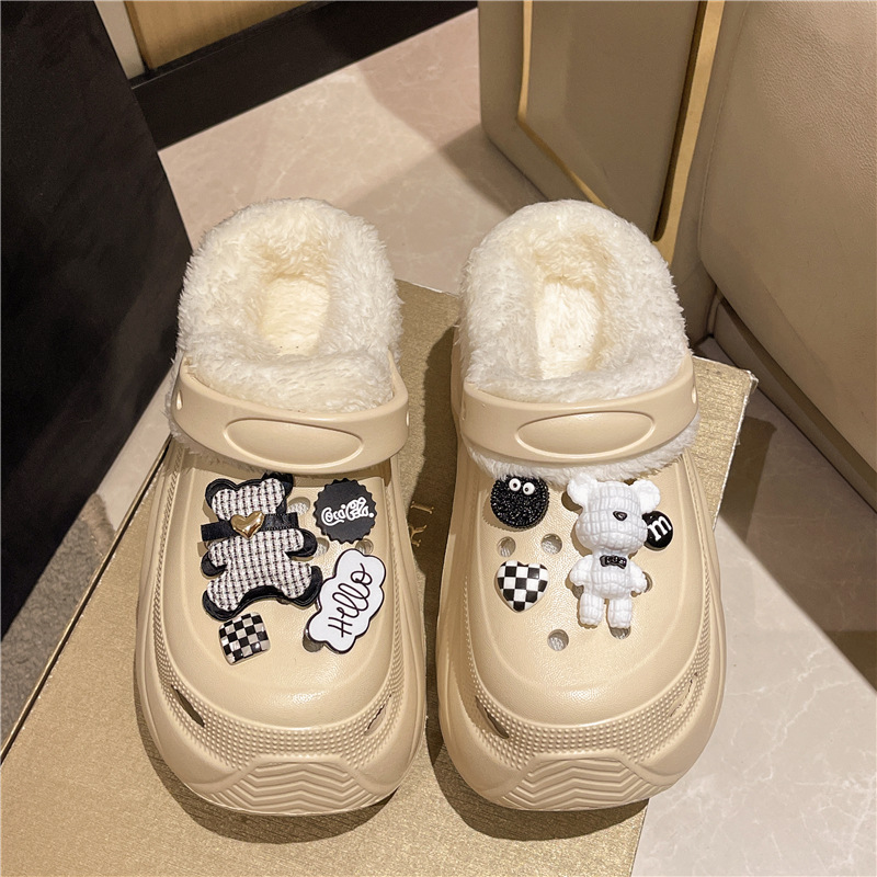 加绒高跟10CM洞洞鞋女外穿冬季厚底增高保暖可拆卸毛绒棉拖鞋冬天