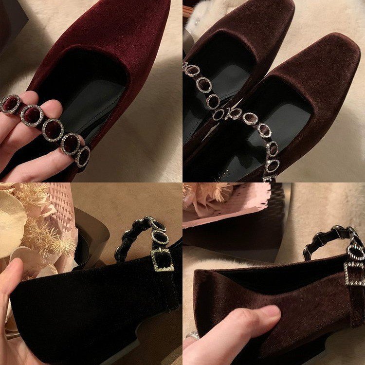 金丝绒面~法式方头浅口贵贵一字钻带小低跟绒面玛丽珍平底单鞋女
