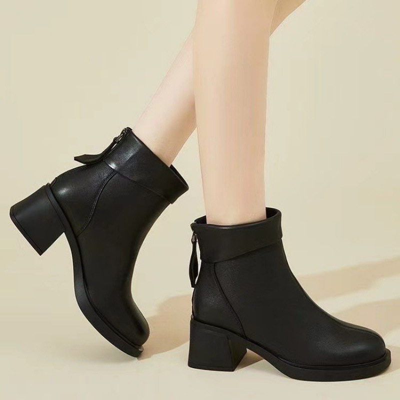 粗跟短靴女款冬季加绒加厚皮鞋批发跨境2025新款马丁靴瘦瘦靴厚底