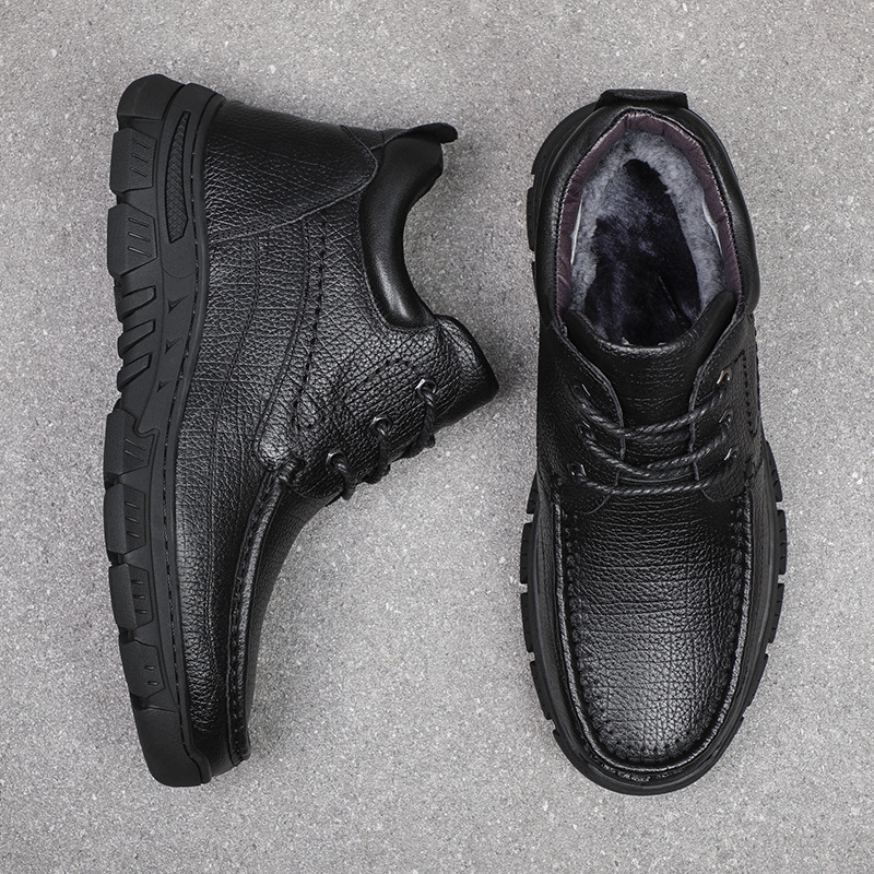 头层牛皮冬季新款皮毛一体保暖男士棉鞋羊毛高帮户外真皮休闲男鞋