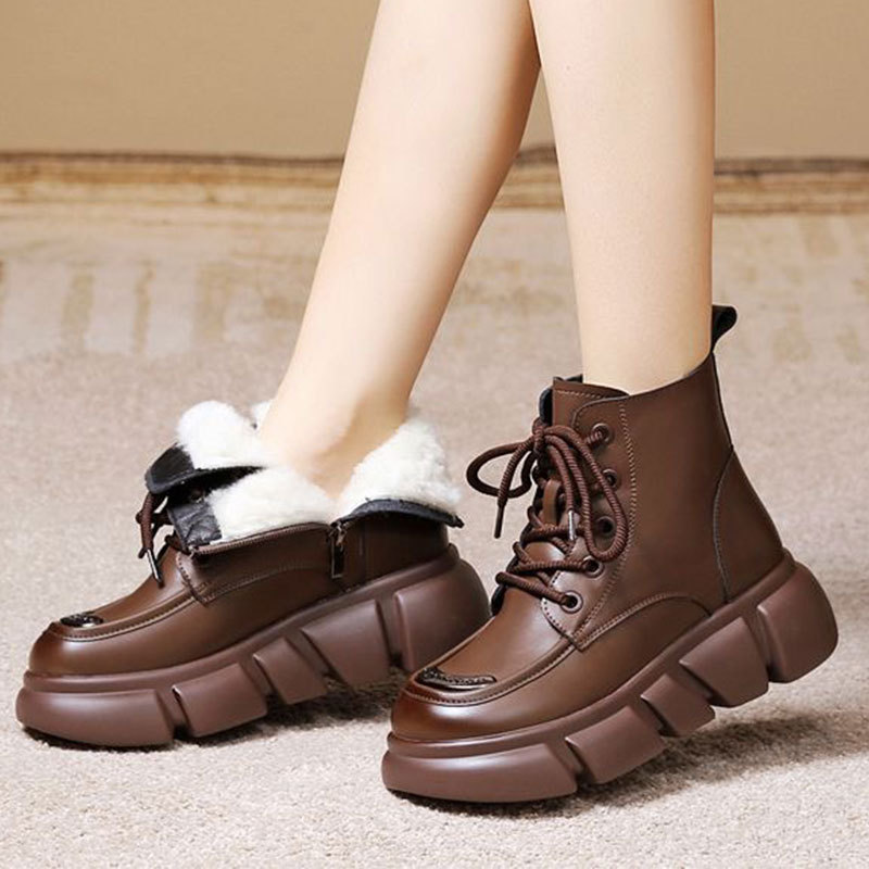 羊毛雪地靴皮毛一体马丁靴女冬加绒加厚底短靴保暖棉靴防滑大