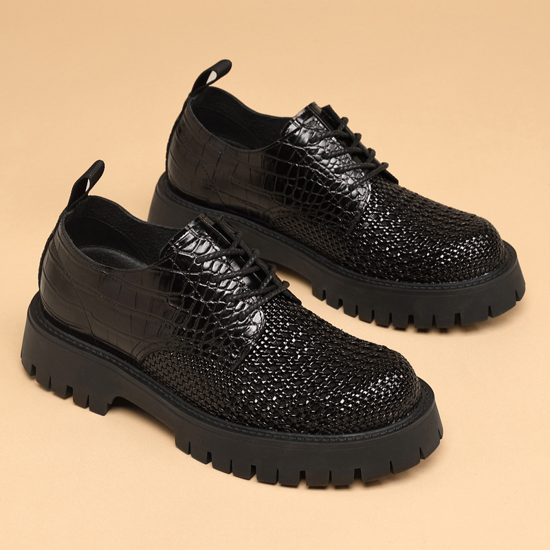 夏季厚底皮鞋男真皮透气镂空凉鞋内增高英伦潮流商务正装休闲男鞋