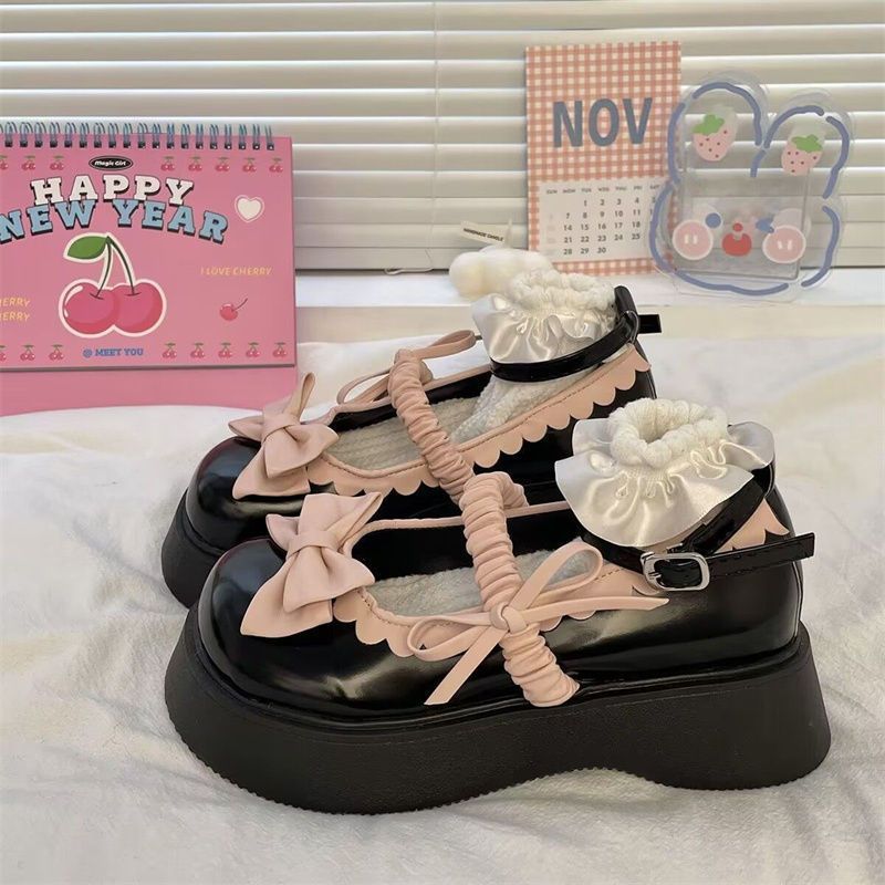 日系甜美粉色蝴蝶结玛丽珍小皮鞋女2023年春夏浅口松糕厚底jk单鞋