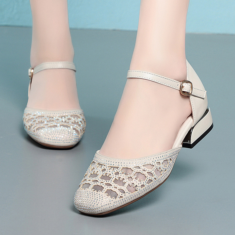 夏季凉鞋中跟女网纱镂空简约一字扣粗跟单鞋时尚百搭一件代发