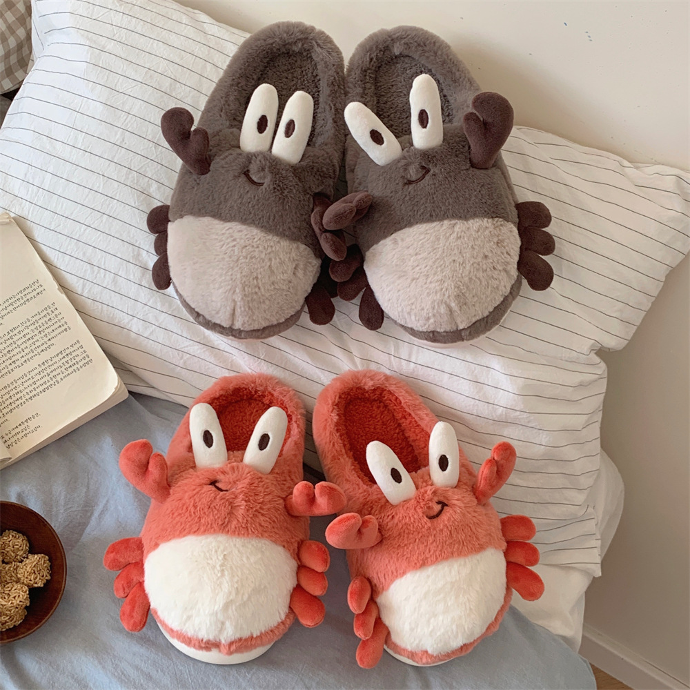 时尚新款居家休闲卧室新款软底毛毛鞋女趣味可爱立体螃蟹棉拖鞋冬