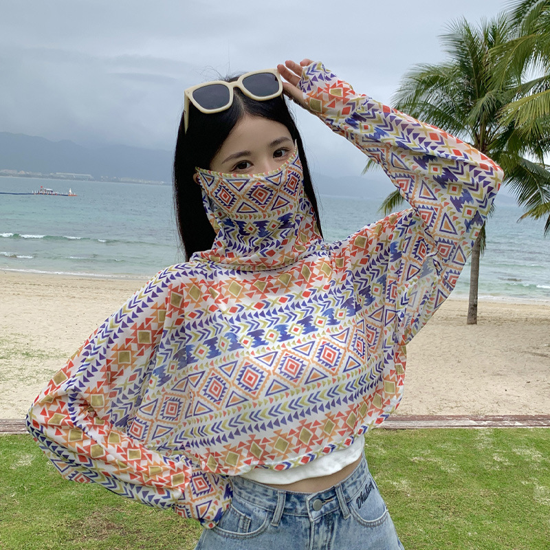 夏季冰丝护颈韩国面罩披肩女新款超轻薄款韩版套装防晒衣披肩