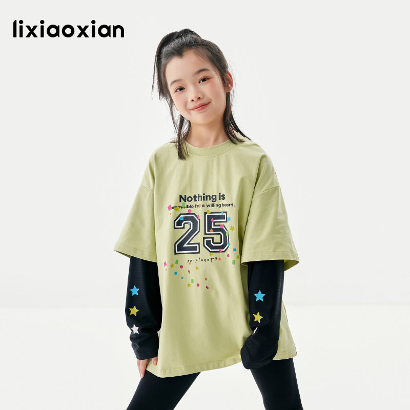 梨小闲女童假两件字母长袖T恤