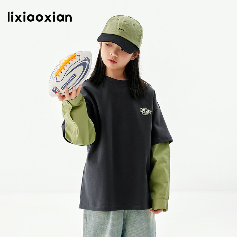 梨小闲休闲原创长袖假两件T恤