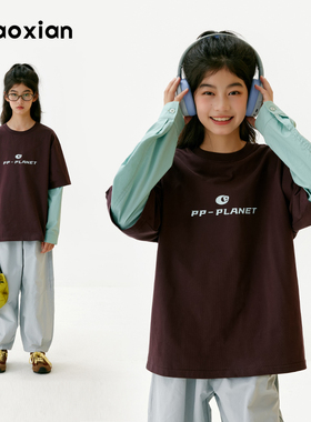 梨小闲原创女童秋新款假两件拼色长袖T恤儿童上衣中大童休闲t