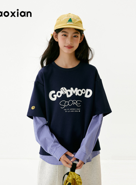 梨小闲原创女童秋季新款中性风潮牌假两件格子字母T恤中大童长袖t