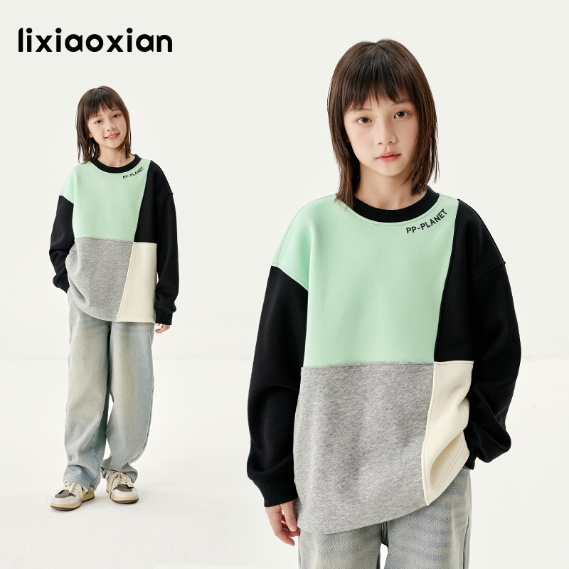 梨小闲秋冬女加绒休闲拼色卫衣