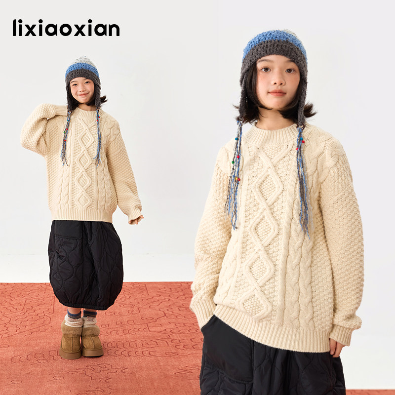 梨小闲原创儿童秋冬款复古麻花包芯纱毛衣中大童女孩套头百搭毛衫
