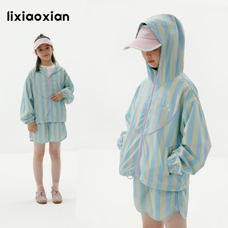 梨小闲女童夏款【原纱防晒UPF50+】撞色彩条防晒套装儿童薄皮肤衣