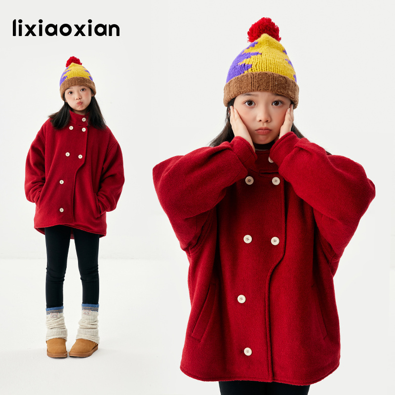 梨小闲女童秋冬红色新年毛呢外套