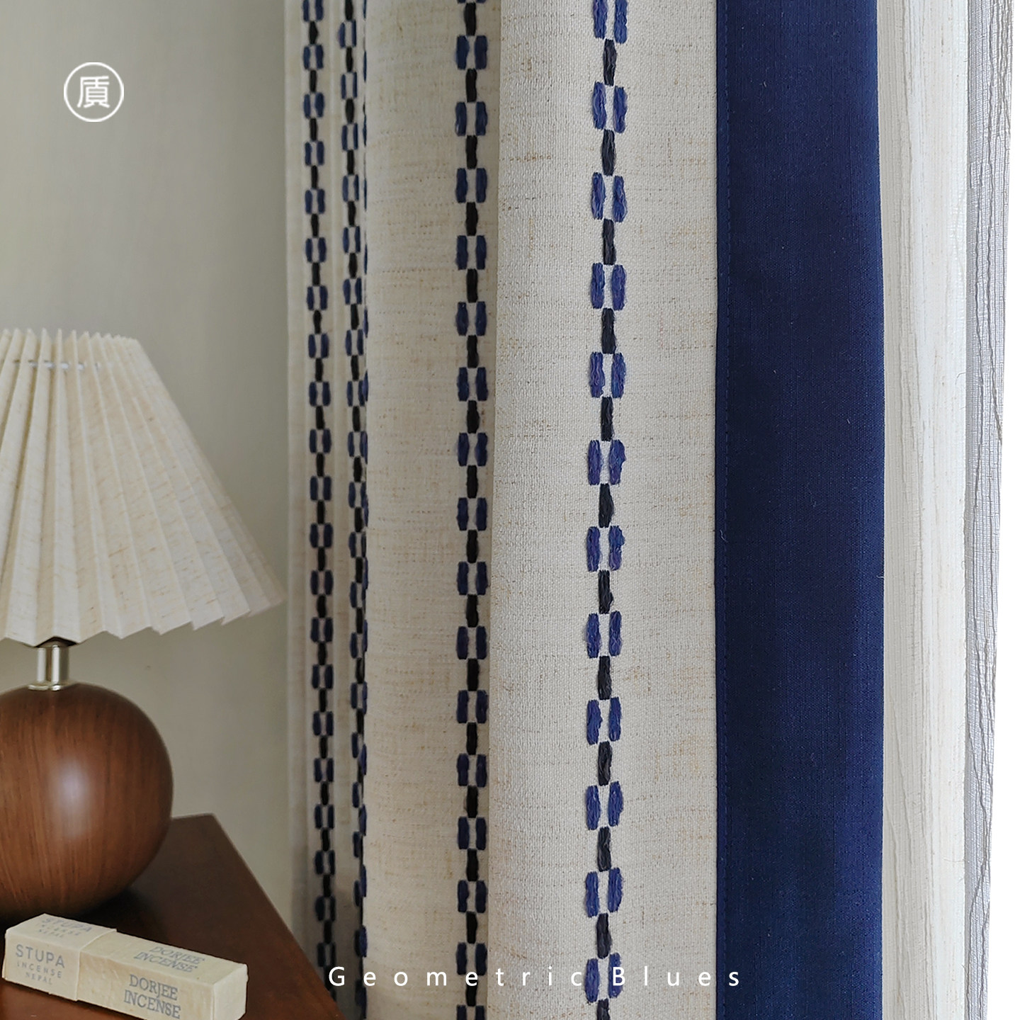 几何蓝调 简约蓝色包豪斯窗帘棉麻提花卧室客厅法式中古侘寂风,居家布艺,定制窗帘,淘宝优惠券,粉丝福利购,淘宝优惠卷