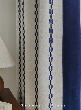 几何蓝调 简约蓝色包豪斯窗帘棉麻提花卧室客厅法式中古侘寂风