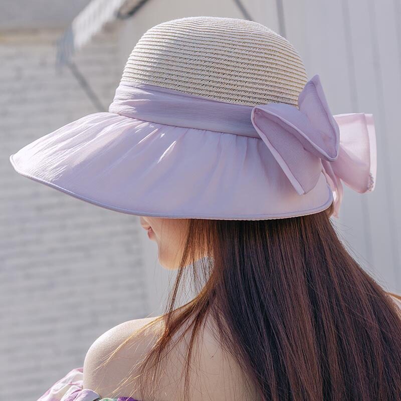 新款布公仔遮阳帽女夏季防晒太阳帽透气草帽显脸小蝴蝶结可折叠帽