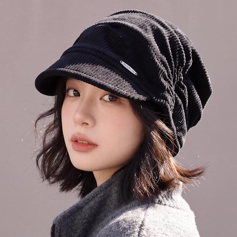 秋冬韩版褶皱堆堆帽女带檐包头帽显脸小百搭护耳冷帽宽松月子帽子
