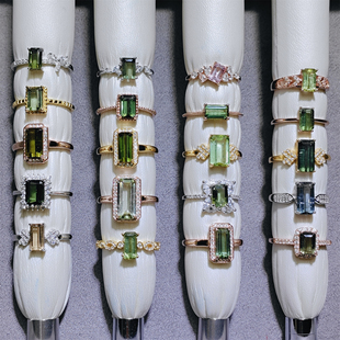 天然碧玺戒指粉碧玺绿碧玺阿斯切方形925银镶嵌戒指镶金净体火彩